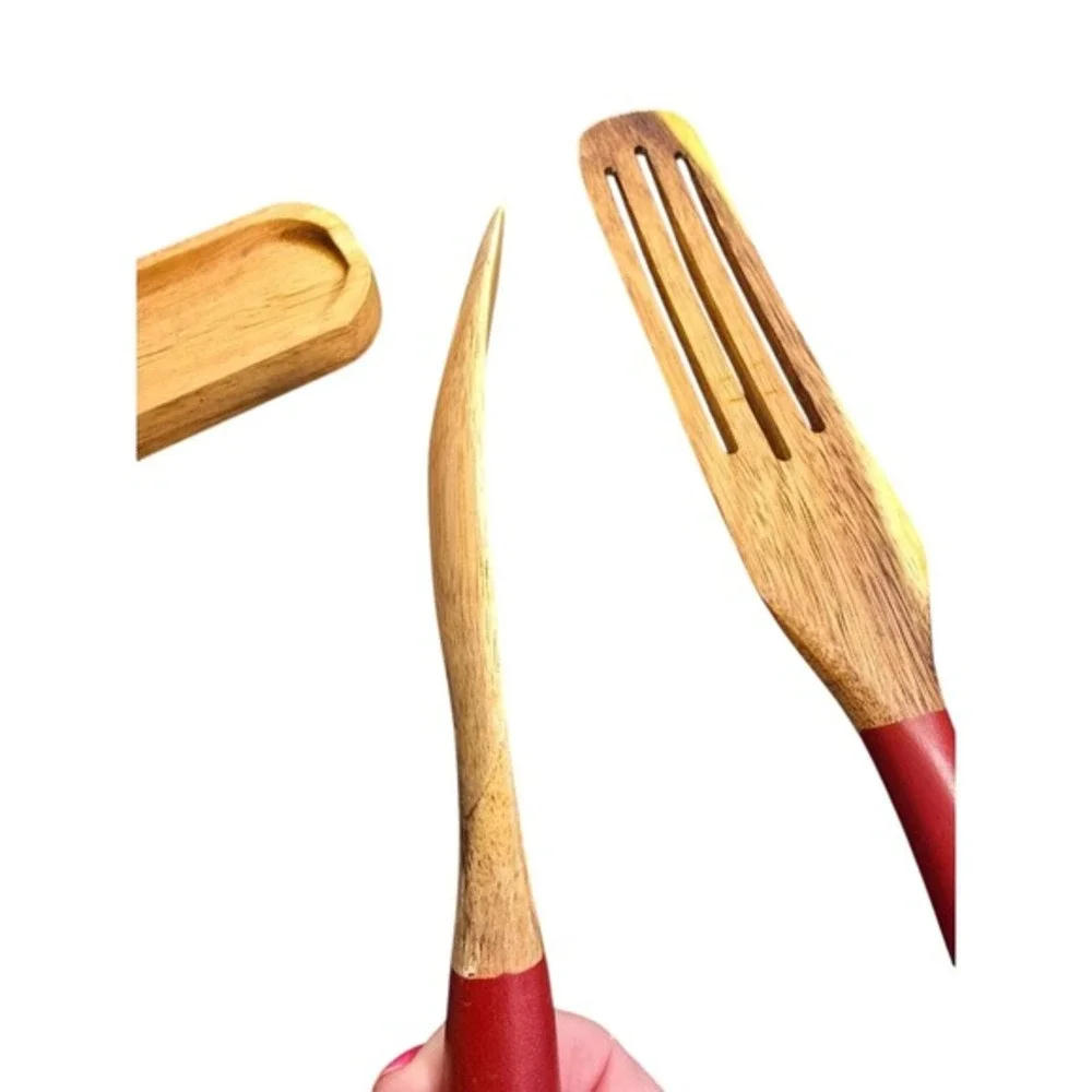 Mad Hungry Acacia Wood Kitchen Set Slotted Spurtles Holder Red‎ Handles 7 Piece